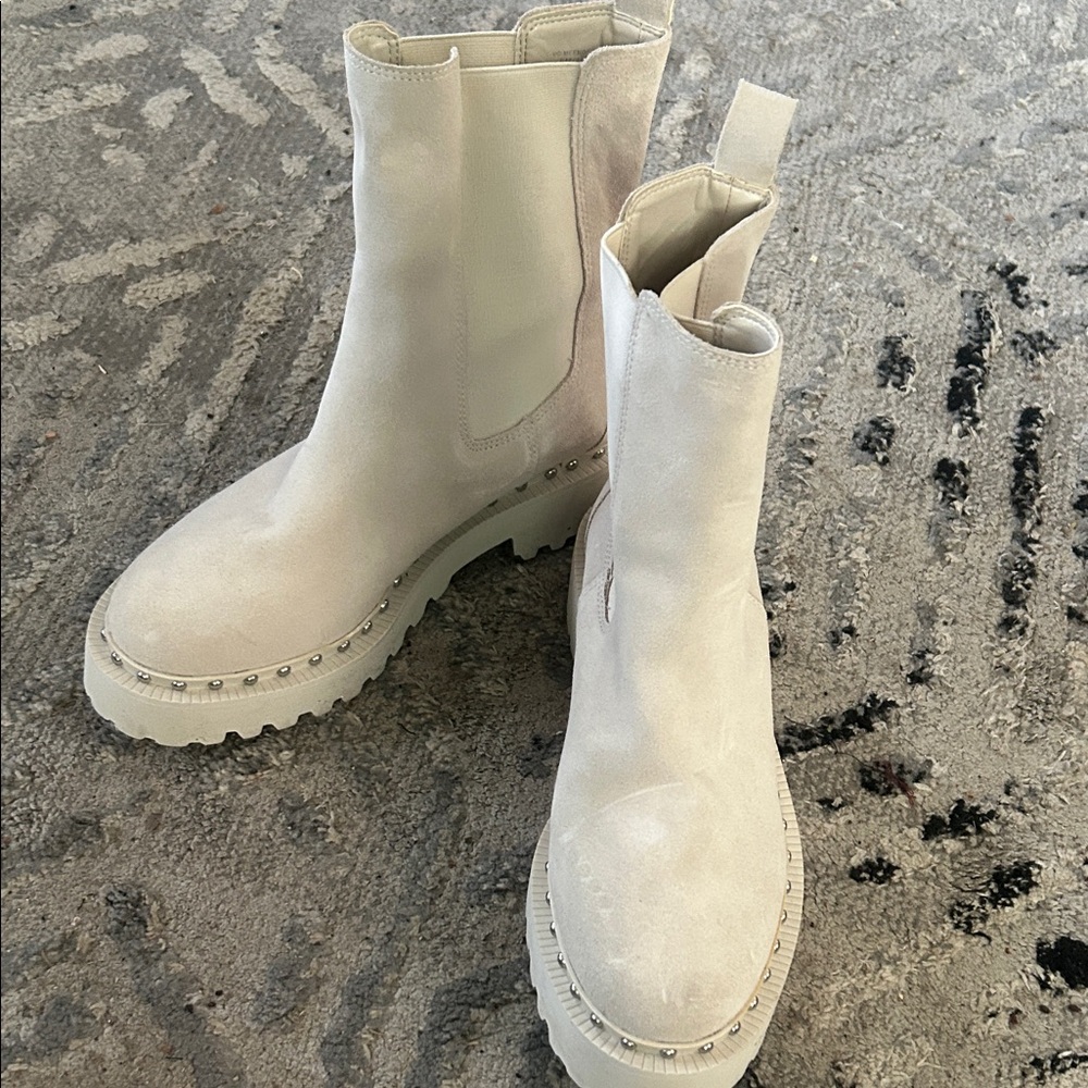 Vince Camuto Cream Suede Lug Chelsea Boots with Stud Trim